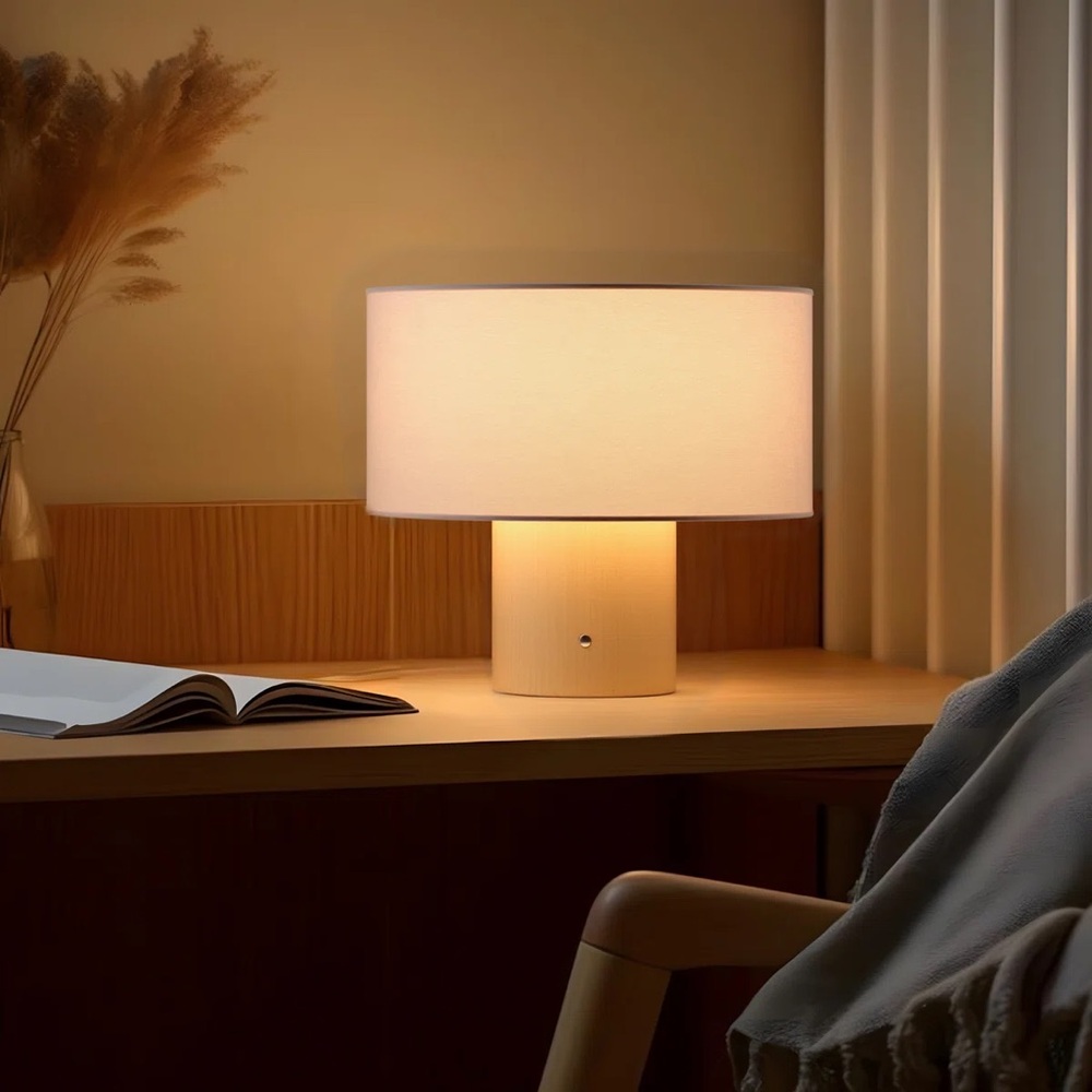 10'' Modern Ambient Table Lamp with Round Shade and Wooden Base, Touch Switch,